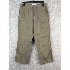 Free People 100% Linen Cargo Pants Womens XS Green Boho Hippie Utility Baggy